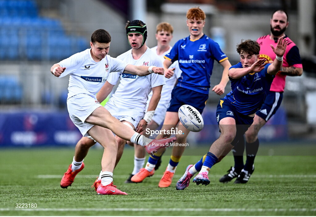 27 August 2025; Harry Wells of Ulster in action against Johnny Woods of Leinsterduring the PwC U-18 Boys Schools Interprovincial Series match between Leinster and Ulster at Energia Park in Dublin. Photo by Piaras Ó Mídheach/Sportsfile