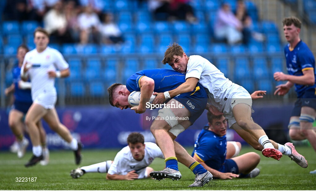 27 August 2025; Phillip Lynch of Leinster in action against James McMillan of Ulster during the PwC U-18 Boys Schools Interprovincial Series match between Leinster and Ulster at Energia Park in Dublin. Photo by Piaras Ó Mídheach/Sportsfile