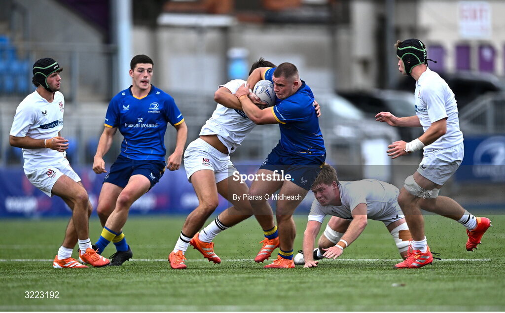 27 August 2025; Herbie Boyle of Leinster in action against Connor Patton of Ulster during the PwC U-18 Boys Schools Interprovincial Series match between Leinster and Ulster at Energia Park in Dublin. Photo by Piaras Ó Mídheach/Sportsfile