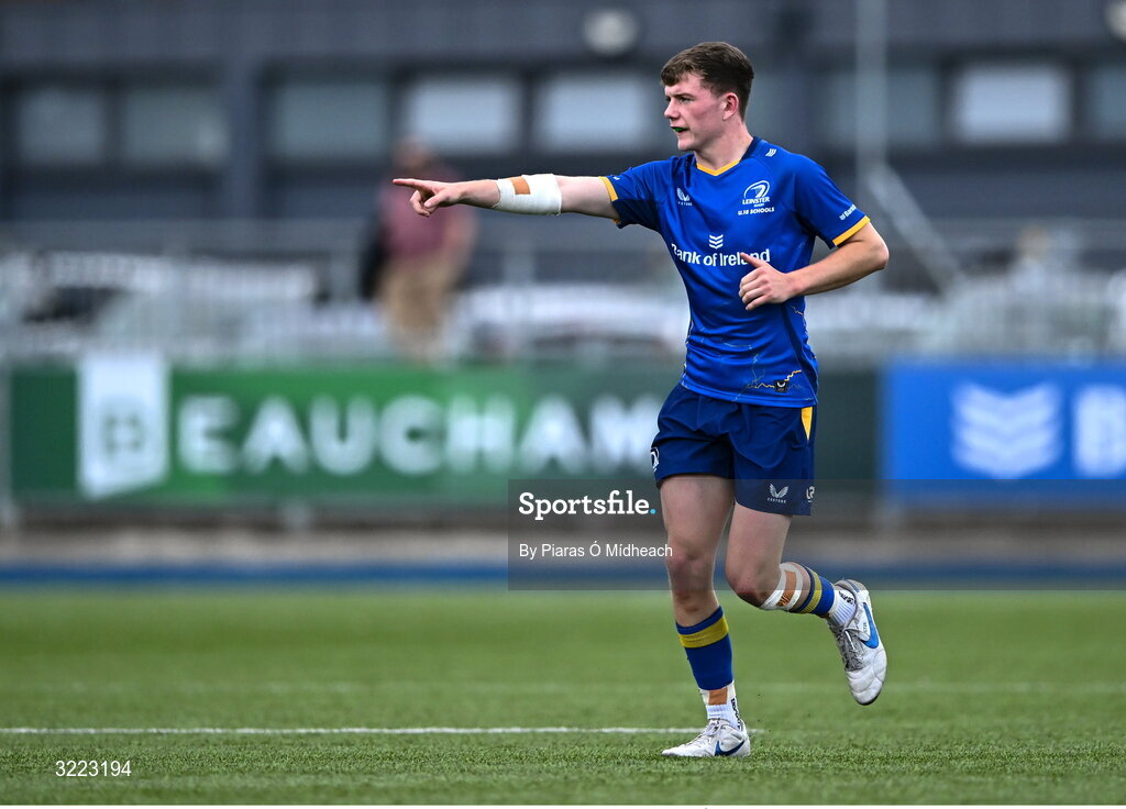 27 August 2025; Tommy Smyth of Leinster during the PwC U-18 Boys Schools Interprovincial Series match between Leinster and Ulster at Energia Park in Dublin. Photo by Piaras Ó Mídheach/Sportsfile