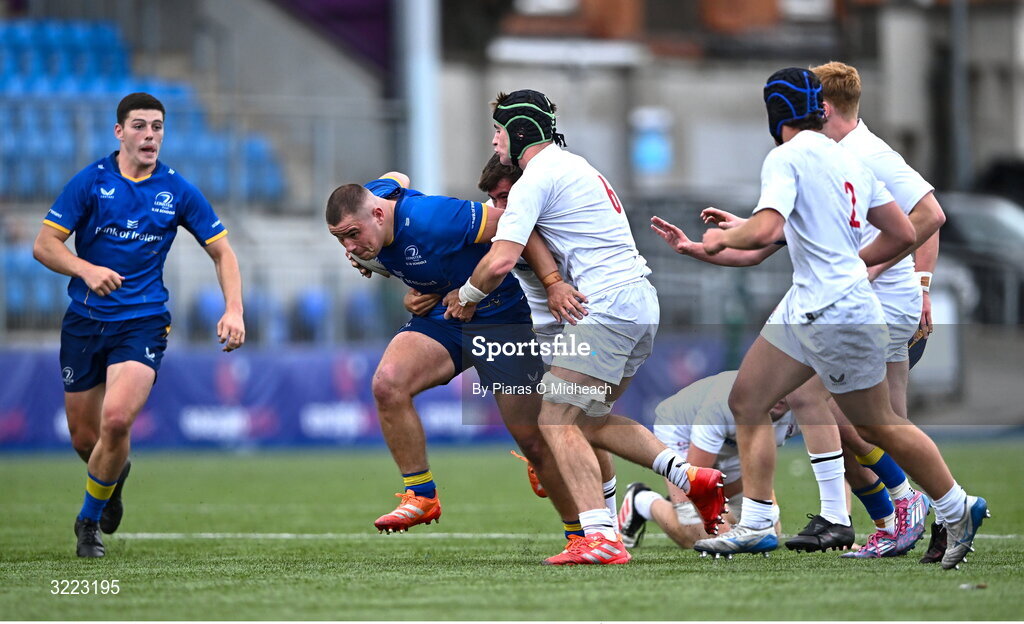 27 August 2025; Herbie Boyle of Leinster in action against James Reid of Ulster, 6, during the PwC U-18 Boys Schools Interprovincial Series match between Leinster and Ulster at Energia Park in Dublin. Photo by Piaras Ó Mídheach/Sportsfile