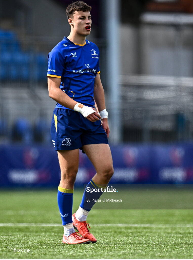 27 August 2025; Finn Brennan of Leinster during the PwC U-18 Boys Schools Interprovincial Series match between Leinster and Ulster at Energia Park in Dublin. Photo by Piaras Ó Mídheach/Sportsfile