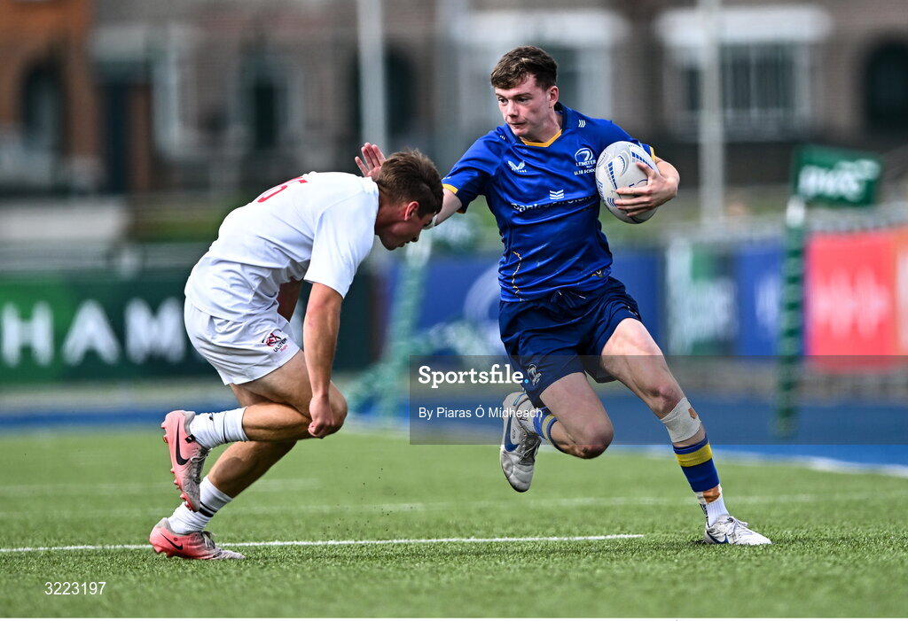 27 August 2025; Tommy Smyth of Leinster in action against James McMillan of Ulster during the PwC U-18 Boys Schools Interprovincial Series match between Leinster and Ulster at Energia Park in Dublin. Photo by Piaras Ó Mídheach/Sportsfile