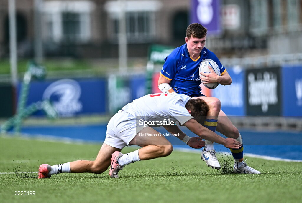 27 August 2025; Tommy Smyth of Leinster in action against James McMillan of Ulster during the PwC U-18 Boys Schools Interprovincial Series match between Leinster and Ulster at Energia Park in Dublin. Photo by Piaras Ó Mídheach/Sportsfile