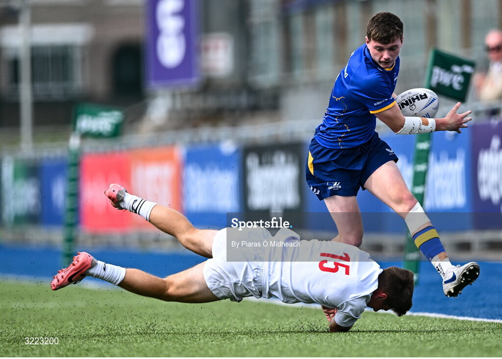 27 August 2025; Tommy Smyth of Leinster in action against James McMillan of Ulster during the PwC U-18 Boys Schools Interprovincial Series match between Leinster and Ulster at Energia Park in Dublin. Photo by Piaras Ó Mídheach/Sportsfile
