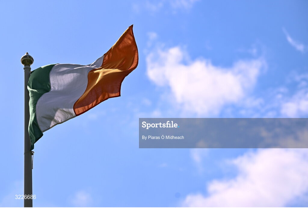 24 August 2025; The Irish tricolour flag flying before the Mayo County Senior Club Football Championship Round 2 match between Charlestown Sarsfields and Ballaghaderreen at Fr O'Hara Park in Charlestown, Mayo. Photo by Piaras Ó Mídheach/Sportsfile