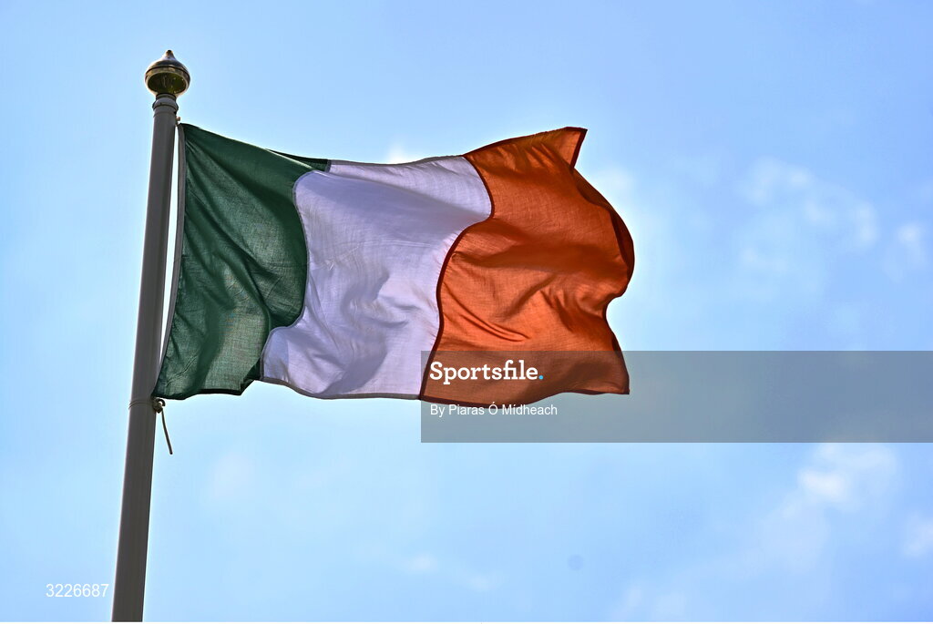 24 August 2025; The Irish tricolour flag flying before the Mayo County Senior Club Football Championship Round 2 match between Charlestown Sarsfields and Ballaghaderreen at Fr O'Hara Park in Charlestown, Mayo. Photo by Piaras Ó Mídheach/Sportsfile