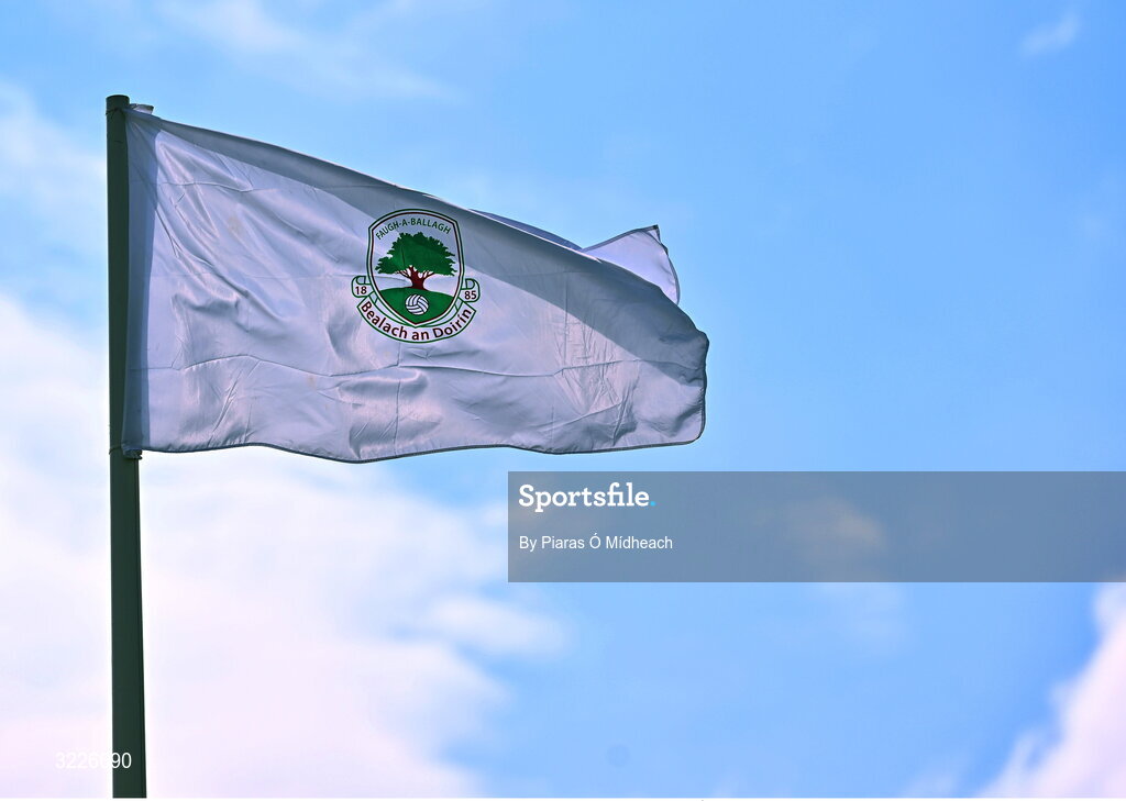 24 August 2025; The Ballaghaderreen flag flying before the Mayo County Senior Club Football Championship Round 2 match between Charlestown Sarsfields and Ballaghaderreen at Fr O'Hara Park in Charlestown, Mayo. Photo by Piaras Ó Mídheach/Sportsfile