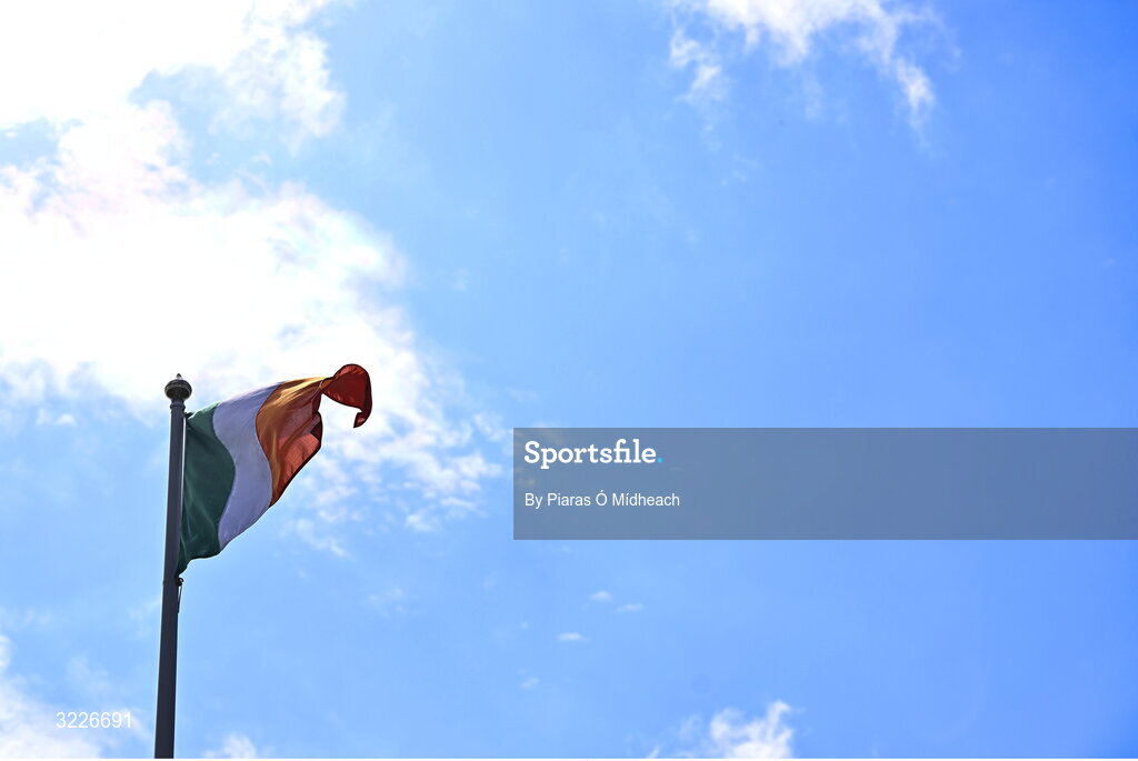 24 August 2025; The Irish tricolour flag flying before the Mayo County Senior Club Football Championship Round 2 match between Charlestown Sarsfields and Ballaghaderreen at Fr O'Hara Park in Charlestown, Mayo. Photo by Piaras Ó Mídheach/Sportsfile