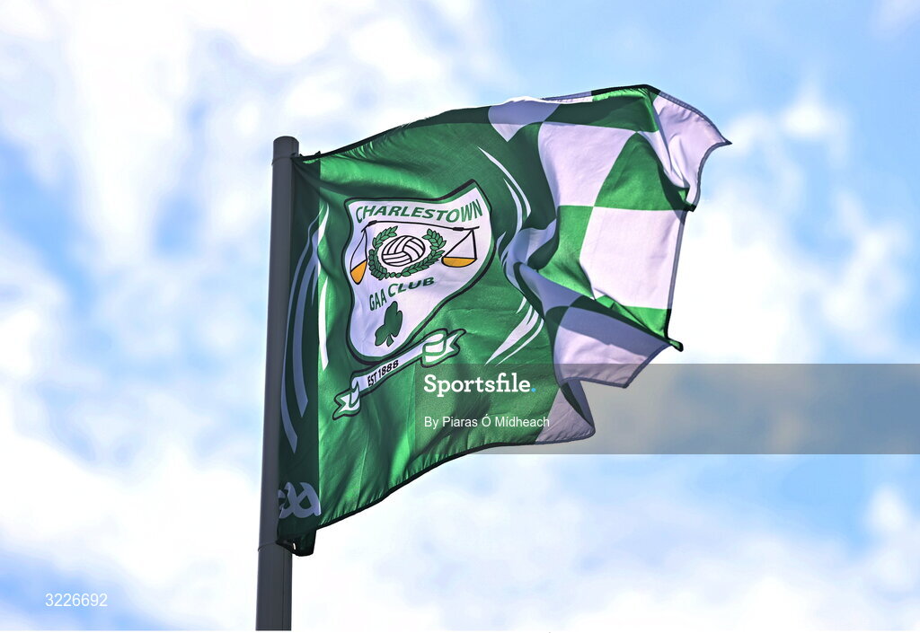 24 August 2025; The Charlestown GAA flying before the Mayo County Senior Club Football Championship Round 2 match between Charlestown Sarsfields and Ballaghaderreen at Fr O'Hara Park in Charlestown, Mayo. Photo by Piaras Ó Mídheach/Sportsfile
