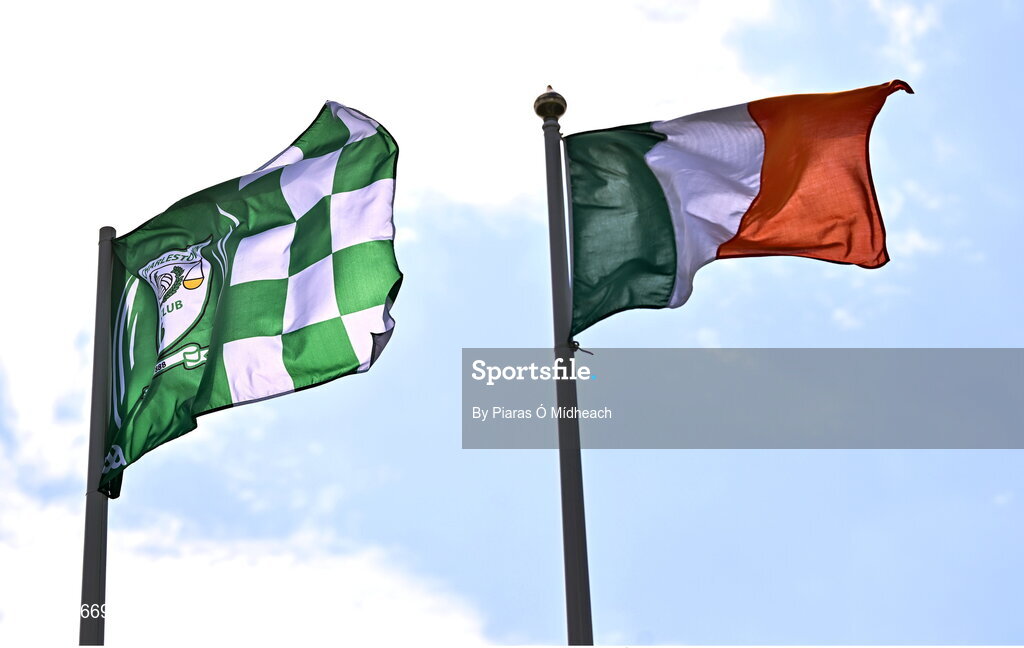 24 August 2025; The Charlestown GAA flying alongside the Irish tricolour before the Mayo County Senior Club Football Championship Round 2 match between Charlestown Sarsfields and Ballaghaderreen at Fr O'Hara Park in Charlestown, Mayo. Photo by Piaras Ó Mídheach/Sportsfile