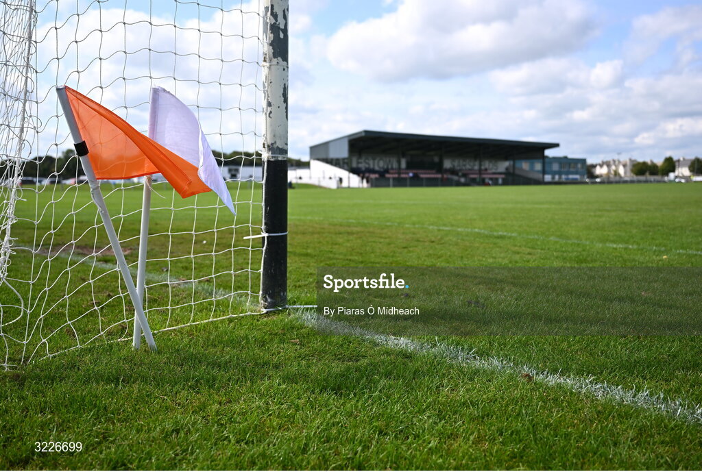 24 August 2025; An umpire's orange and white flags in place before the Mayo County Senior Club Football Championship Round 2 match between Charlestown Sarsfields and Ballaghaderreen at Fr O'Hara Park in Charlestown, Mayo. Photo by Piaras Ó Mídheach/Sportsfile