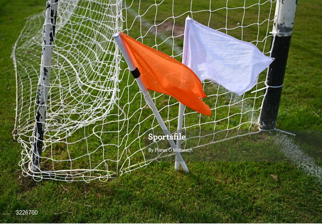 24 August 2025; An umpire's orange and white flags in place before the Mayo County Senior Club Football Championship Round 2 match between Charlestown Sarsfields and Ballaghaderreen at Fr O'Hara Park in Charlestown, Mayo. Photo by Piaras Ó Mídheach/Sportsfile