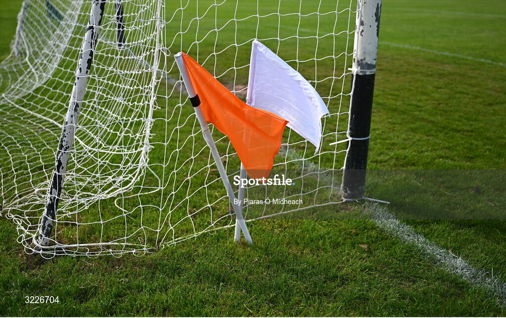 24 August 2025; An umpire's orange and white flags in place before the Mayo County Senior Club Football Championship Round 2 match between Charlestown Sarsfields and Ballaghaderreen at Fr O'Hara Park in Charlestown, Mayo. Photo by Piaras Ó Mídheach/Sportsfile