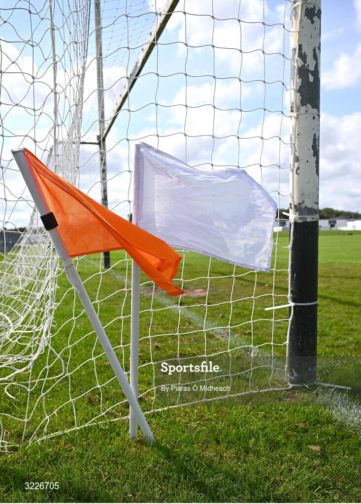 24 August 2025; An umpire's orange and white flags in place before the Mayo County Senior Club Football Championship Round 2 match between Charlestown Sarsfields and Ballaghaderreen at Fr O'Hara Park in Charlestown, Mayo. Photo by Piaras Ó Mídheach/Sportsfile