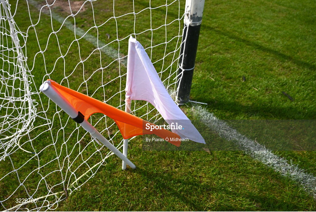 24 August 2025; An umpire's orange and white flags in place before the Mayo County Senior Club Football Championship Round 2 match between Charlestown Sarsfields and Ballaghaderreen at Fr O'Hara Park in Charlestown, Mayo. Photo by Piaras Ó Mídheach/Sportsfile