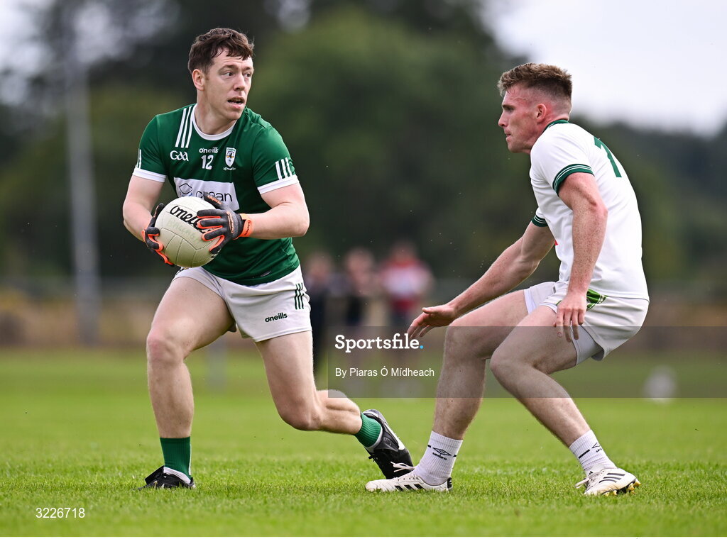 24 August 2025; Gareth O'Donnell of Charlestown Sarsfields in action against Luke O'Grady of Ballaghaderreen during the Mayo County Senior Club Football Championship Round 2 match between Charlestown Sarsfields and Ballaghaderreen at Fr O'Hara Park in Charlestown, Mayo. Photo by Piaras Ó Mídheach/Sportsfile