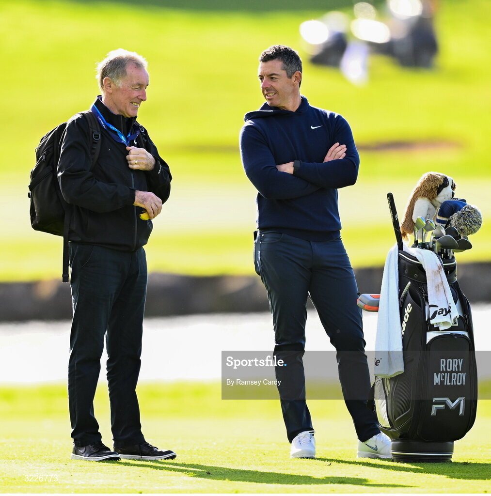 2 September 2025; Rory McIlroy of Northern Ireland, right, with coach Michael Bannon during a practice round in advance of the Amgen Irish Open Golf Championship 2025 at The K Club in Straffan, Kildare. Photo by Ramsey Cardy/Sportsfile