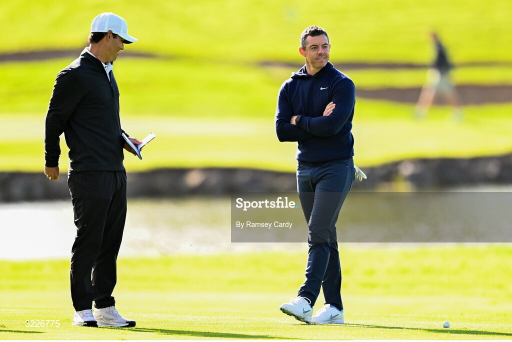 2 September 2025; Rory McIlroy of Northern Ireland, right, with caddie Harry Diamond during a practice round in advance of the Amgen Irish Open Golf Championship 2025 at The K Club in Straffan, Kildare. Photo by Ramsey Cardy/Sportsfile
