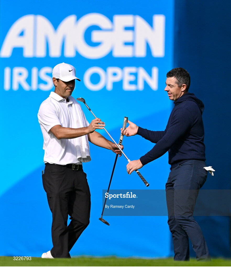 2 September 2025; Rory McIlroy of Northern Ireland, right, with caddie Harry Diamond during a practice round in advance of the Amgen Irish Open Golf Championship 2025 at The K Club in Straffan, Kildare. Photo by Ramsey Cardy/Sportsfile
