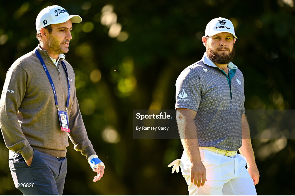2 September 2025; Tyrrell Hatton of England, right, and Europe Ryder Cup vice-captain Edoardo Molinari during a practice round in advance of the Amgen Irish Open Golf Championship 2025 at The K Club in Straffan, Kildare. Photo by Ramsey Cardy/Sportsfile