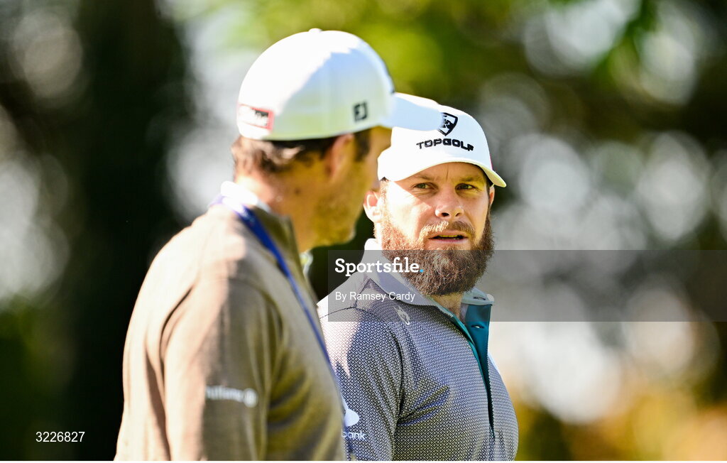 2 September 2025; Tyrrell Hatton of England, right, and Europe Ryder Cup vice-captain Edoardo Molinari during a practice round in advance of the Amgen Irish Open Golf Championship 2025 at The K Club in Straffan, Kildare. Photo by Ramsey Cardy/Sportsfile
