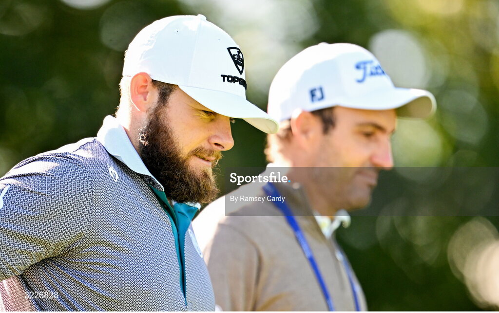 2 September 2025; Tyrrell Hatton of England, left, and Europe Ryder Cup vice-captain Edoardo Molinari during a practice round in advance of the Amgen Irish Open Golf Championship 2025 at The K Club in Straffan, Kildare. Photo by Ramsey Cardy/Sportsfile