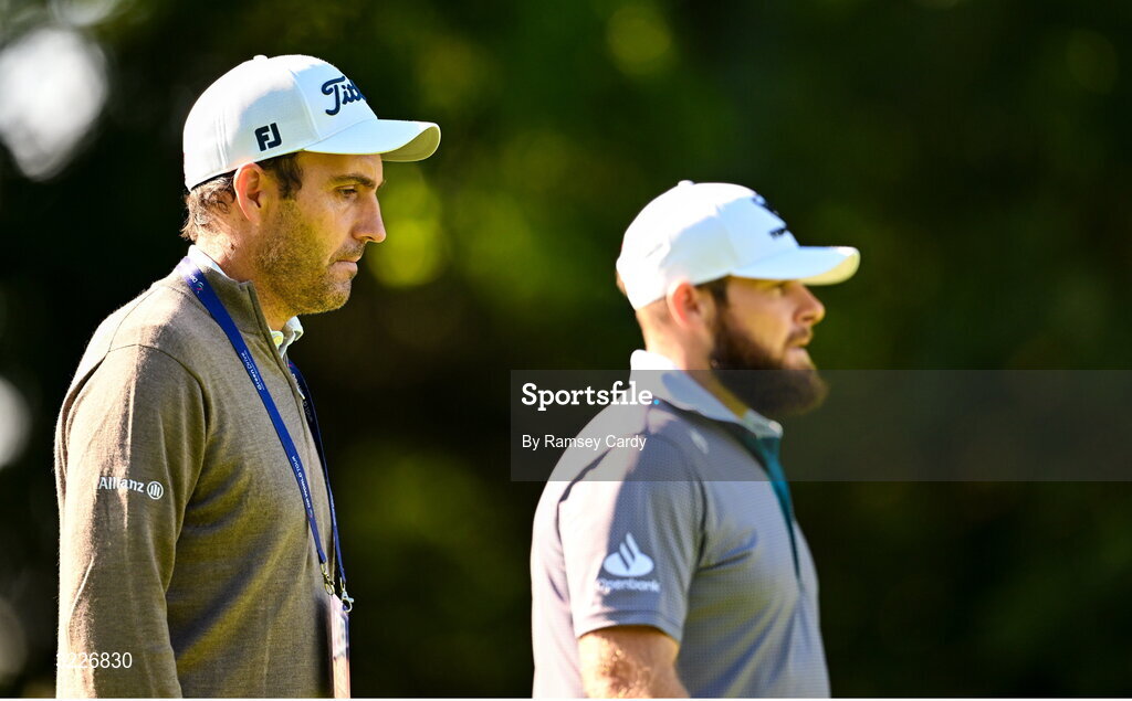 2 September 2025; Tyrrell Hatton of England, right, and Europe Ryder Cup vice-captain Edoardo Molinari during a practice round in advance of the Amgen Irish Open Golf Championship 2025 at The K Club in Straffan, Kildare. Photo by Ramsey Cardy/Sportsfile