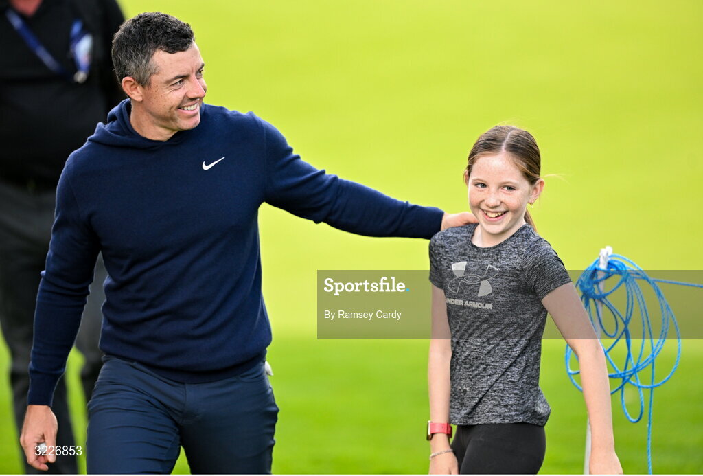 2 September 2025; Rory McIlroy of Northern Ireland with supporter Megan Considine during a practice round in advance of the Amgen Irish Open Golf Championship 2025 at The K Club in Straffan, Kildare. Photo by Ramsey Cardy/Sportsfile Photo by Ramsey Cardy/Sportsfile