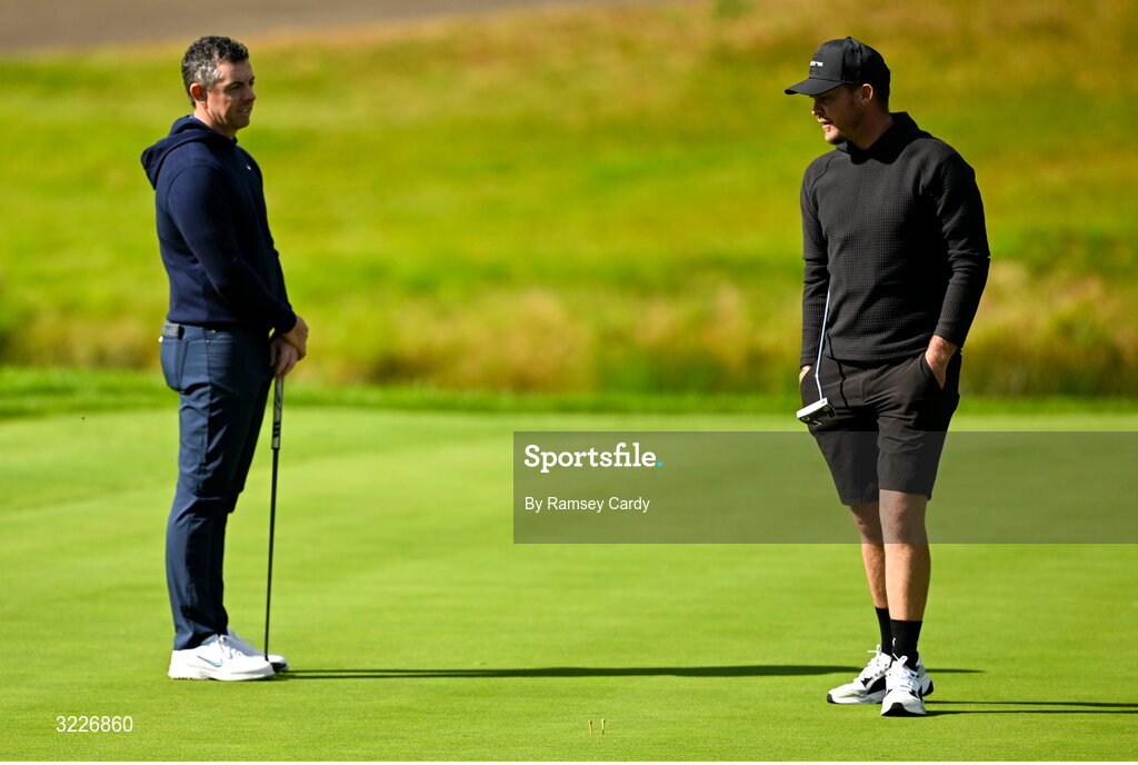 2 September 2025; Rory McIlroy of Northern Ireland, left, and Danny Willett of England during a practice round in advance of the Amgen Irish Open Golf Championship 2025 at The K Club in Straffan, Kildare. Photo by Ramsey Cardy/Sportsfile
