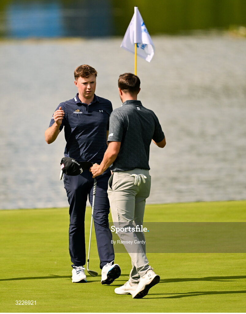 2 September 2025; Mark Power of Ireland, left, and Alex Maguire of Ireland during a practice round in advance of the Amgen Irish Open Golf Championship 2025 at The K Club in Straffan, Kildare. Photo by Ramsey Cardy/Sportsfile
