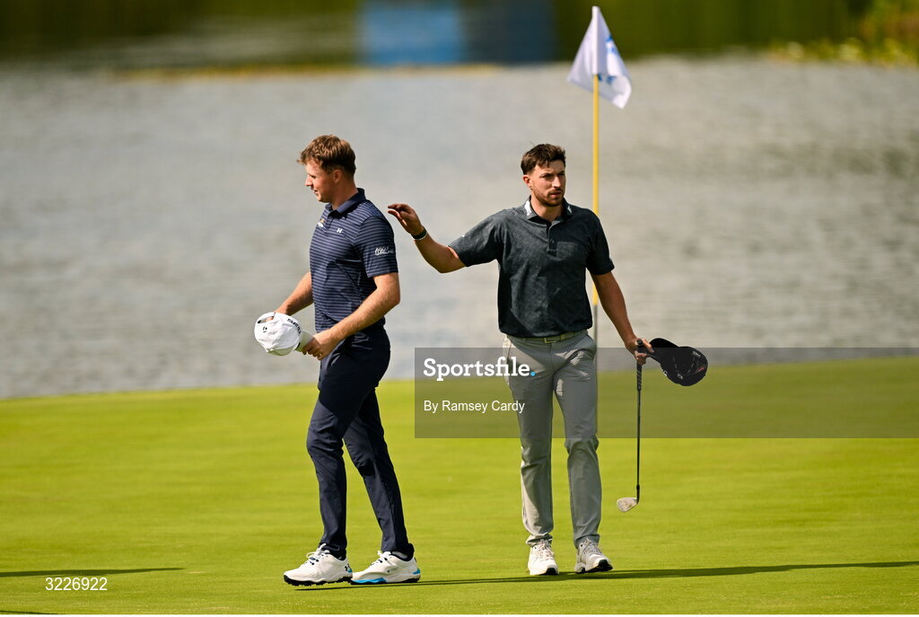 2 September 2025; Mark Power of Ireland, left, and Alex Maguire of Ireland during a practice round in advance of the Amgen Irish Open Golf Championship 2025 at The K Club in Straffan, Kildare. Photo by Ramsey Cardy/Sportsfile