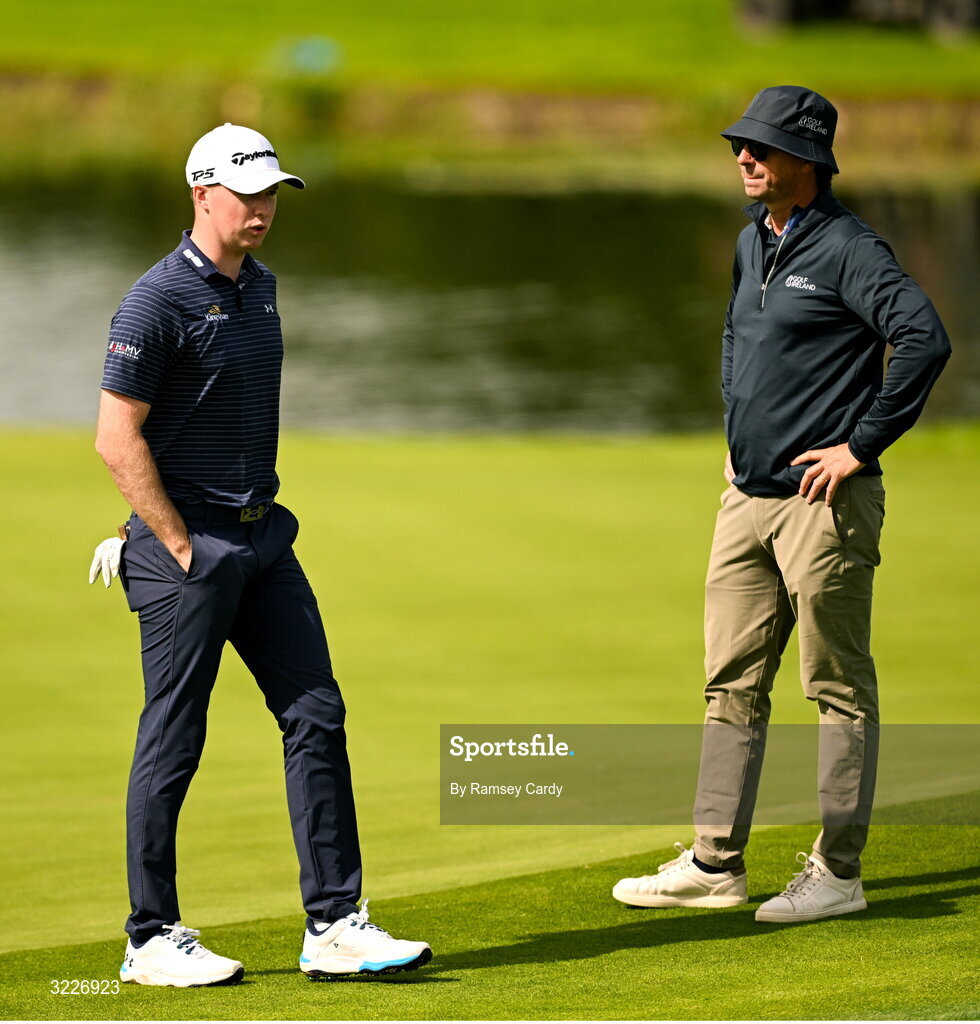 2 September 2025; Mark Power of Ireland, left, and coach Neil Manchip during a practice round in advance of the Amgen Irish Open Golf Championship 2025 at The K Club in Straffan, Kildare. Photo by Ramsey Cardy/Sportsfile