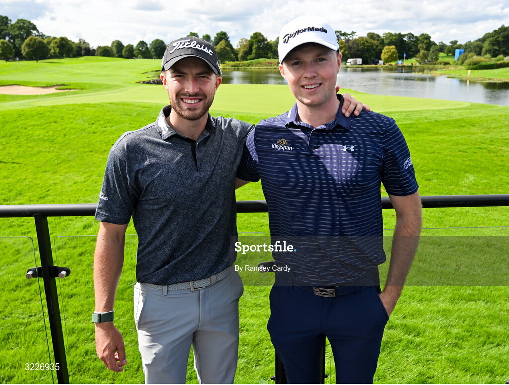 2 September 2025; Alex Maguire of Ireland and Mark Power of Ireland during a practice round in advance of the Amgen Irish Open Golf Championship 2025 at The K Club in Straffan, Kildare. Photo by Ramsey Cardy/Sportsfile