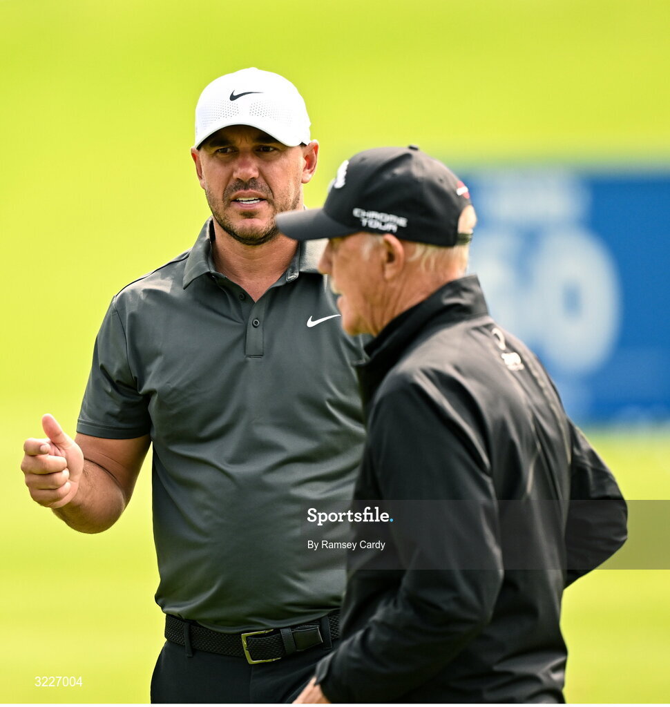 2 September 2025; Brooks Koepka of USA, left, and coach Pete Cowen during a practice round in advance of the Amgen Irish Open Golf Championship 2025 at The K Club in Straffan, Kildare. Photo by Ramsey Cardy/Sportsfile