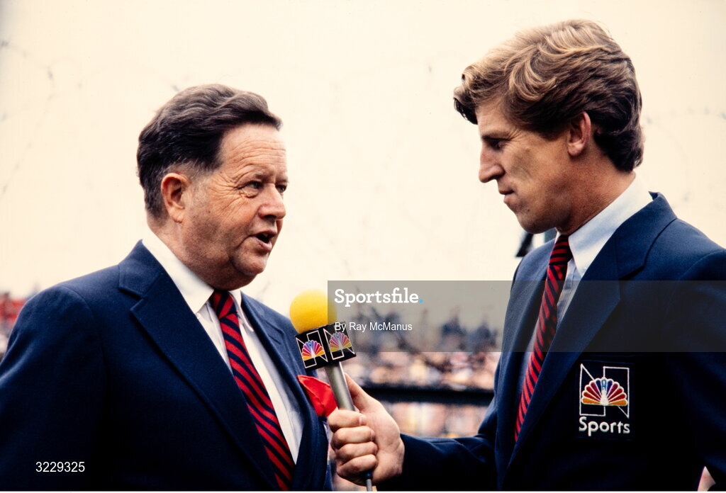 5 September 1982; RTÉ GAA commentator Michael O'Hehir, left, is interviewed by Brough Scott of NBC Sportsworld television programme before the All-Ireland Senior Hurling Championship Final match between Cork and Kilkenny at Croke Park in Dublin. Photo by Ray McManus/Sportsfile