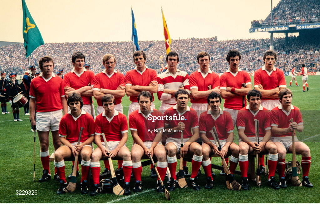 5 September 1982; Cork team, back, from left, John Crowley, Eamonn O'Donoghue, Tim Crowley, Ray Cummins, Ger Cunningham, Pat Horgan, John Buckley and Martin O'Doherty, with, front, from left, Tom Cashman, Tony O'Sullivan, Sean O'Leary, Jimmy Barry Murphy, John Blake, Brian Murphy and Dermot McCurtain before the All-Ireland Senior Hurling Championship Final match between Cork and Kilkenny at Croke Park in Dublin. Photo by Ray McManus/Sportsfile
