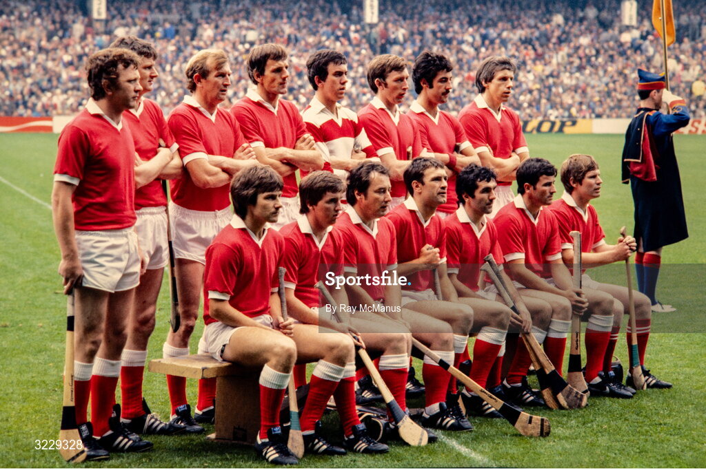 5 September 1982; Cork team, back, from left, John Crowley, Eamonn O'Donoghue, Tim Crowley, Ray Cummins, Ger Cunningham, Pat Horgan, John Buckley and Martin O'Doherty, with, front, from left, Tom Cashman, Tony O'Sullivan, Sean O'Leary, Jimmy Barry Murphy, John Blake, Brian Murphy and Dermot McCurtain before the All-Ireland Senior Hurling Championship Final match between Cork and Kilkenny at Croke Park in Dublin. Photo by Ray McManus/Sportsfile