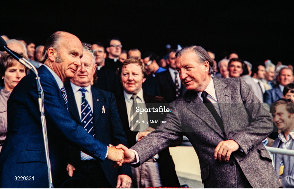 5 September 1982; The President of Ireland Dr Patrick Hillary shakes hands with An Taoiseach Charles J Haughey, TD, right, before the All-Ireland Senior Hurling Championship Final match between Cork and Kilkenny at Croke Park in Dublin. Photo by Ray McManus/Sportsfile