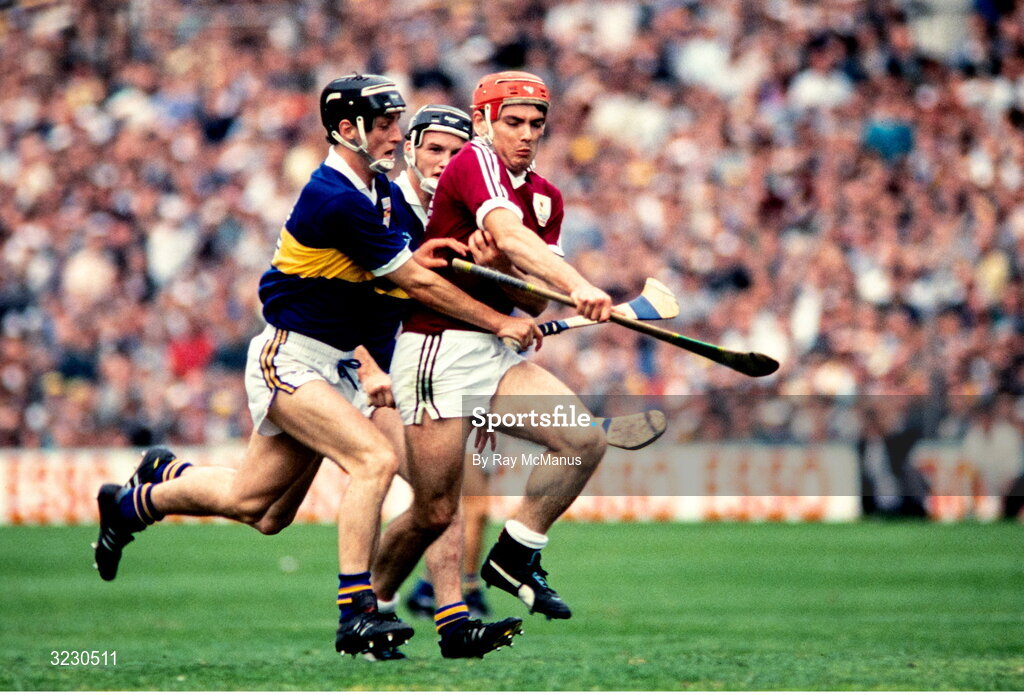4 September 1988; Michael McGrath of Galway in action against John Hefferman and Noel Sheehy of Tipperary during the All-Ireland Senior Hurling Championship Final match between Galway and Tipperary at Croke Park in Dublin. Photo by Ray McManus/Sportsfile