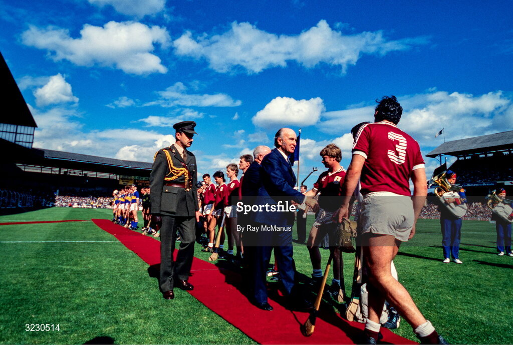 4 September 1988; The President of Ireland Dr Patrick Hilliary is being introduced to the players before the All-Ireland Senior Hurling Championship Final match between Galway and Tipperary at Croke Park in Dublin. Photo by Ray McManus/Sportsfile