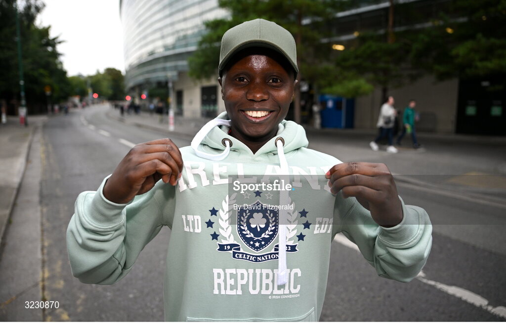 6 September 2025; Republic of Ireland supporter Samuel Muyomba before the FIFA World Cup 2026 Group F qualifying match between Republic of Ireland and Hungary at the Aviva Stadium in Dublin. Photo by David Fitzgerald/Sportsfile