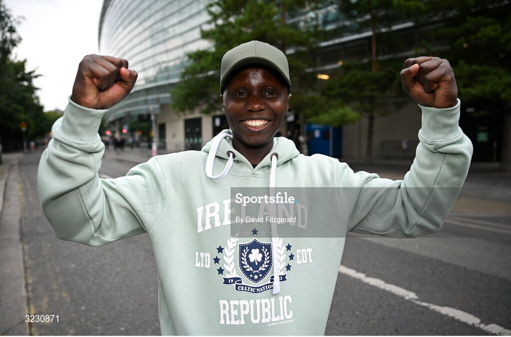 6 September 2025; Republic of Ireland supporter Samuel Muyomba before the FIFA World Cup 2026 Group F qualifying match between Republic of Ireland and Hungary at the Aviva Stadium in Dublin. Photo by David Fitzgerald/Sportsfile