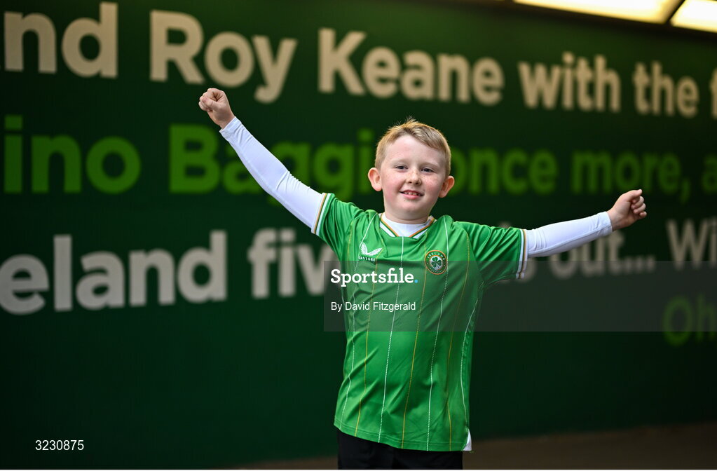6 September 2025; Republic of Ireland supporter Michael Gaine, age 8, from Kilkenny, before the FIFA World Cup 2026 Group F qualifying match between Republic of Ireland and Hungary at the Aviva Stadium in Dublin. Photo by David Fitzgerald/Sportsfile