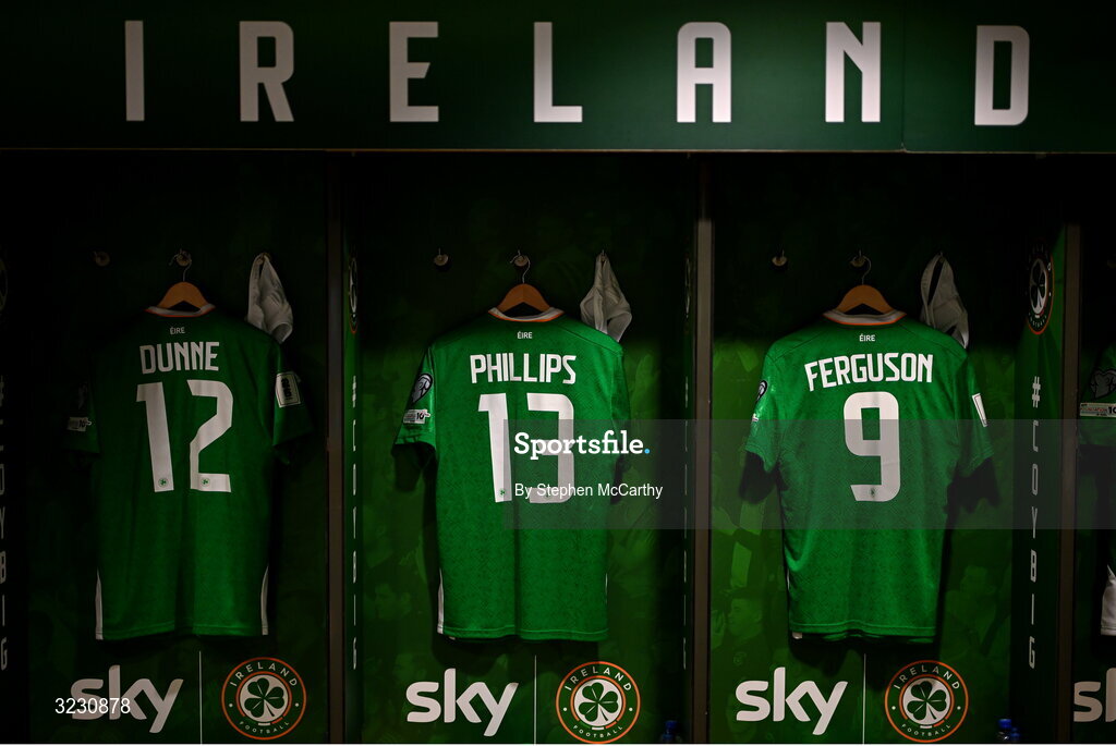6 September 2025; The jerseys of Jimmy Dunne, Killian Phillips and Evan Ferguson in the Republic of Ireland dressingroom before the FIFA World Cup 2026 Group F qualifying match between Republic of Ireland and Hungary at the Aviva Stadium in Dublin. Photo by Stephen McCarthy/Sportsfile
