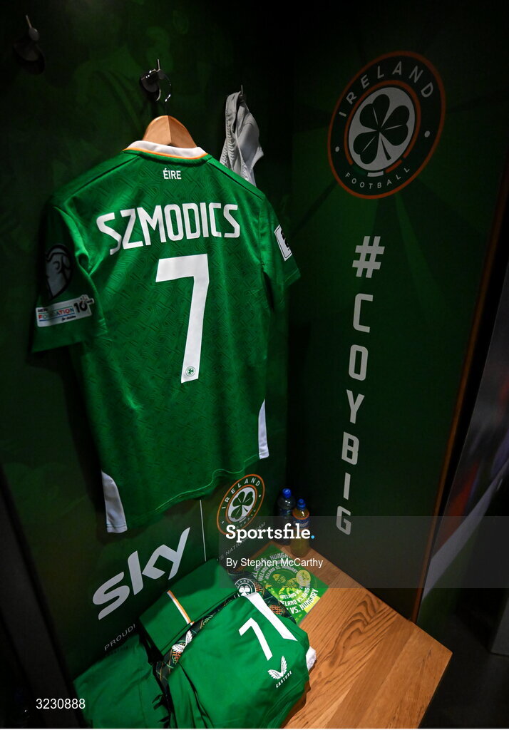 6 September 2025; The jersey of Sammie Szmodics in the Republic of Ireland dressingroom before the FIFA World Cup 2026 Group F qualifying match between Republic of Ireland and Hungary at the Aviva Stadium in Dublin. Photo by Stephen McCarthy/Sportsfile