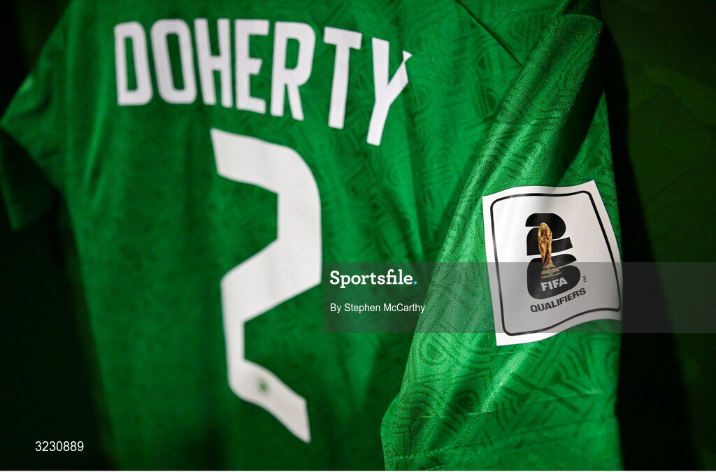 6 September 2025; The jersey of Matt Doherty in the Republic of Ireland dressingroom before the FIFA World Cup 2026 Group F qualifying match between Republic of Ireland and Hungary at the Aviva Stadium in Dublin. Photo by Stephen McCarthy/Sportsfile