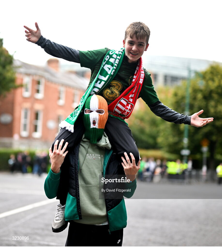 6 September 2025; Republic of Ireland supporters Jai Mehta and James Horan, from Ballingarry in Tipperary, before the FIFA World Cup 2026 Group F qualifying match between Republic of Ireland and Hungary at the Aviva Stadium in Dublin. Photo by David Fitzgerald/Sportsfile