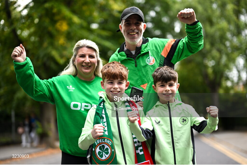 6 September 2025; Republic of Ireland supporters, from left, Ramona and Seanie Keogh, with their children Dara, left, aged ten, and Cillian, aged eight, from Killarney in Kerry, before the FIFA World Cup 2026 Group F qualifying match between Republic of Ireland and Hungary at the Aviva Stadium in Dublin. Photo by David Fitzgerald/Sportsfile