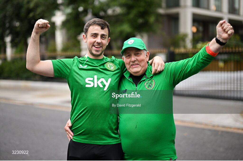 6 September 2025; Republic of Ireland supporters Padraic, left, and Jim O'Connor, from Castleisland in Kerry, before the FIFA World Cup 2026 Group F qualifying match between Republic of Ireland and Hungary at the Aviva Stadium in Dublin. Photo by David Fitzgerald/Sportsfile